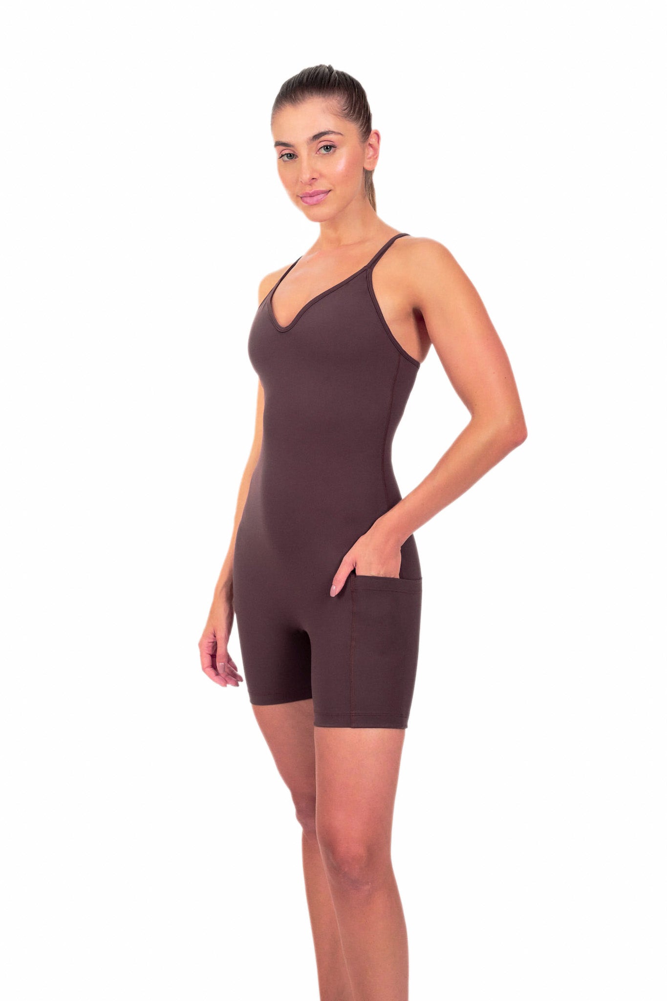Combinaison Fitness Second Skin Marron avec Poche