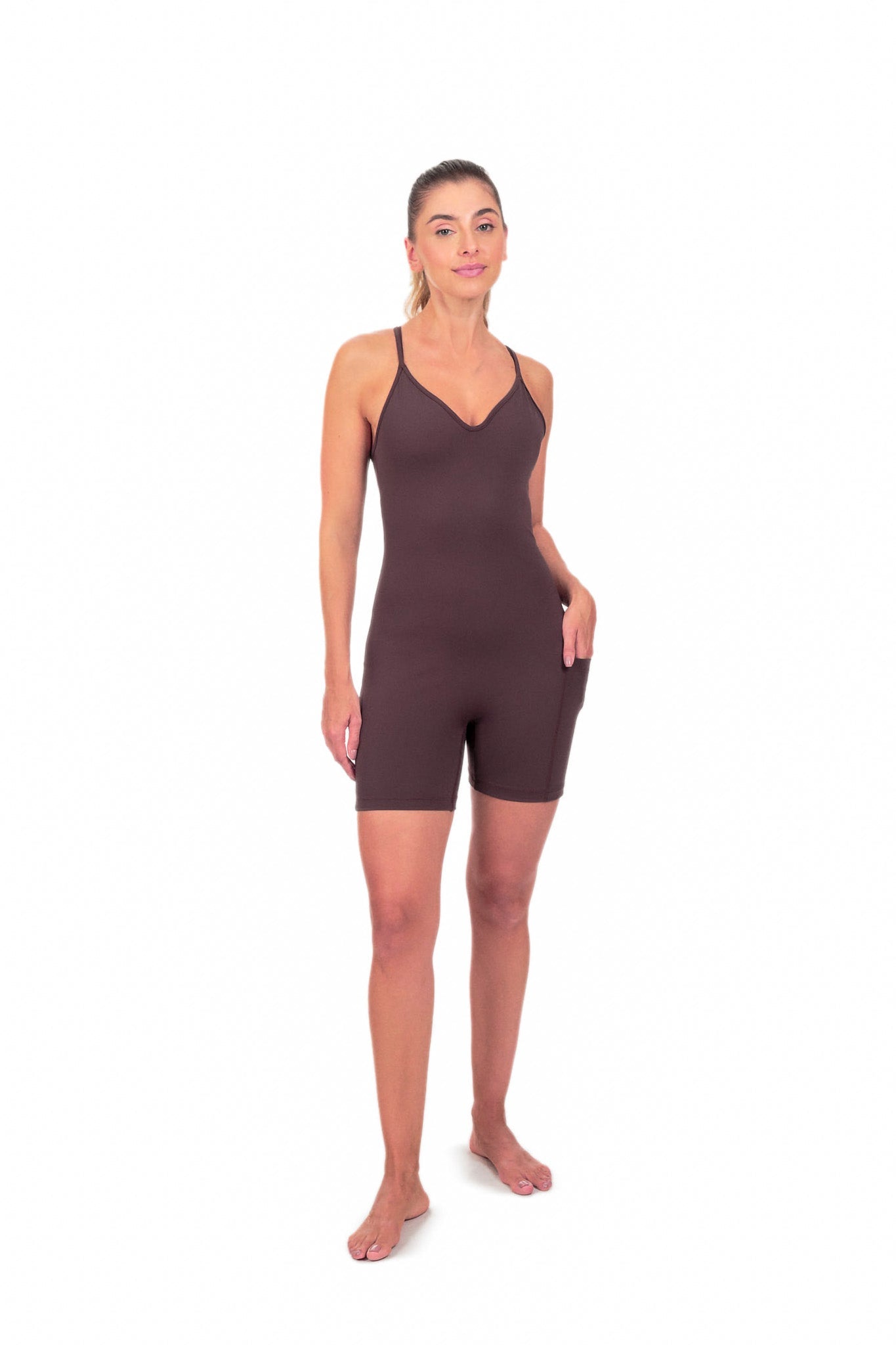 Combinaison Fitness Second Skin Marron avec Poche