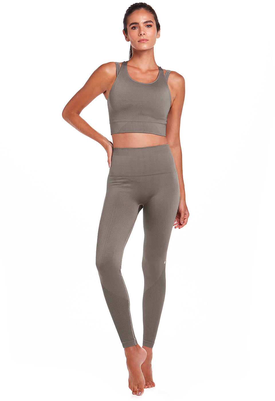 Legging de Fitness Taille Haute en Tissu Texturé Sépia