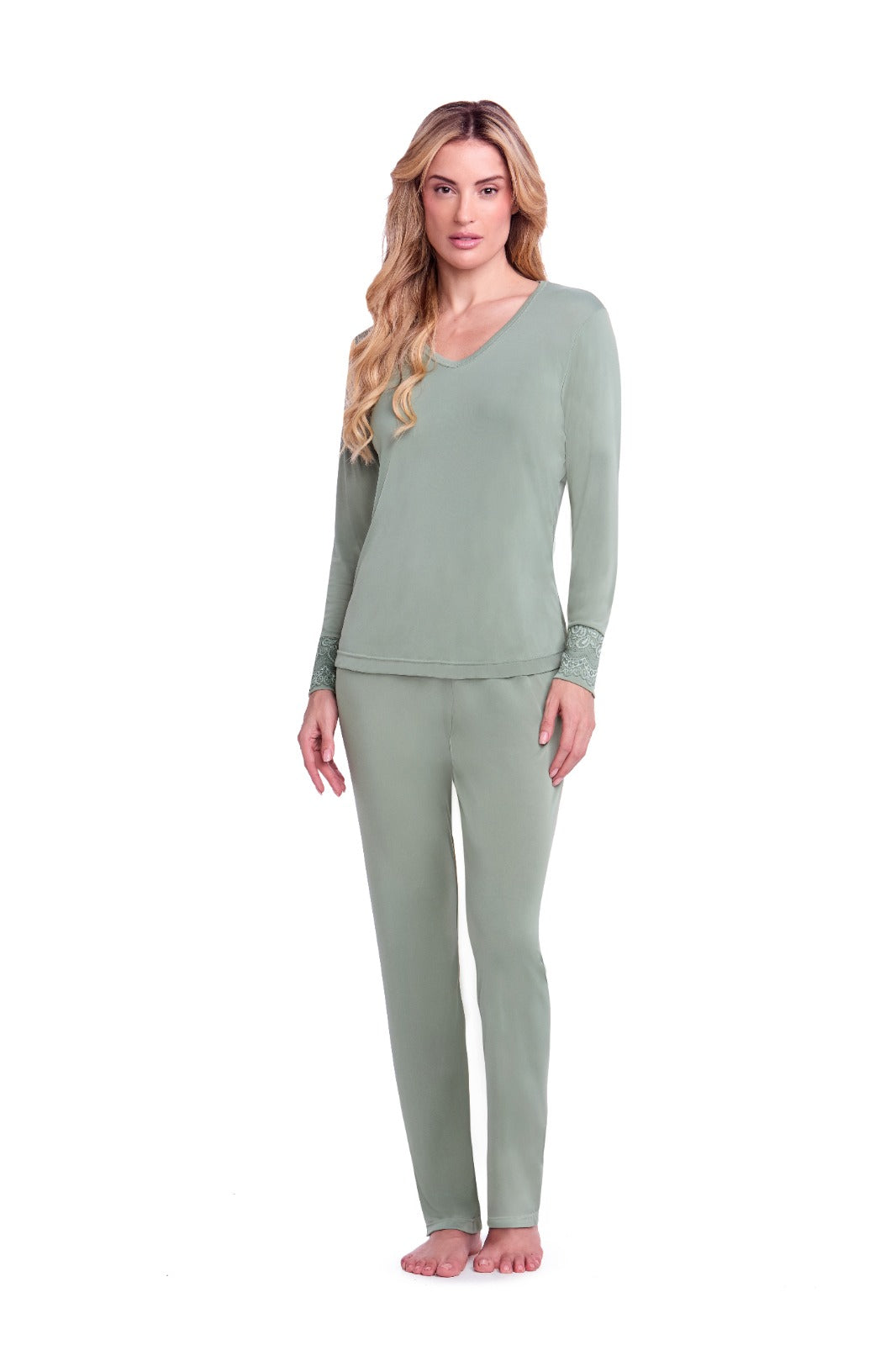 Pyjama à Manches Longues en Dentelle Dreams Menthe Fraîche