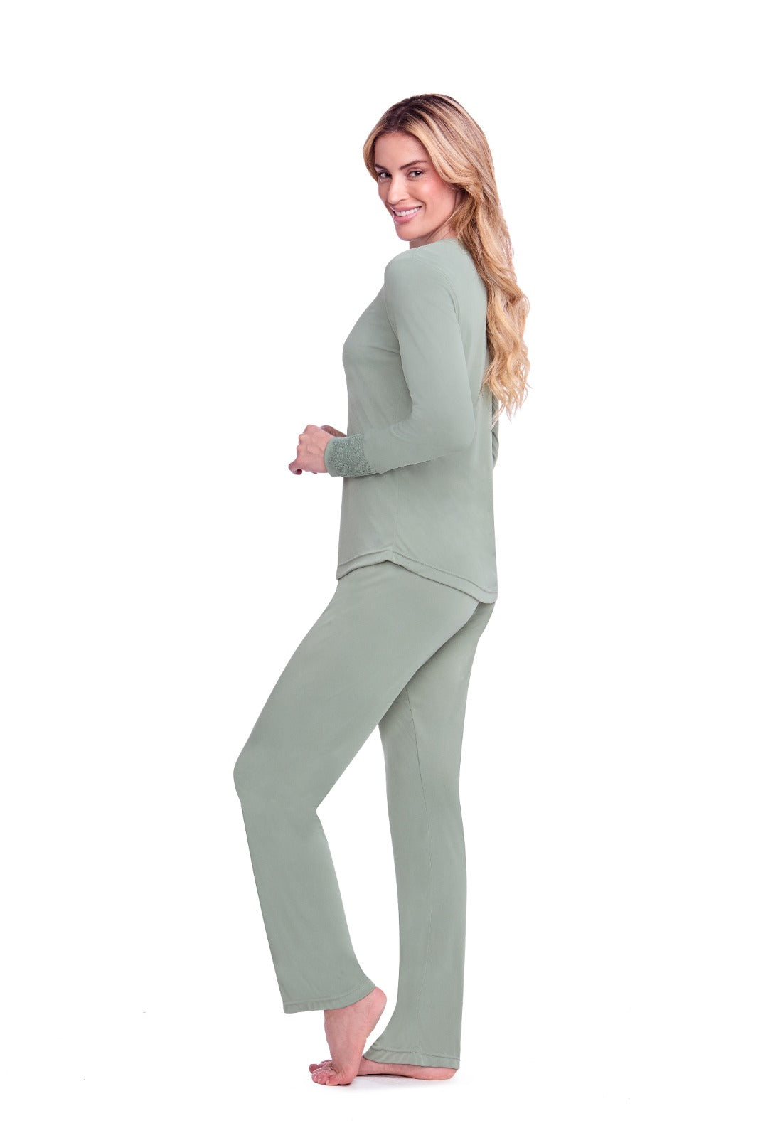 Pyjama à Manches Longues en Dentelle Dreams Menthe Fraîche