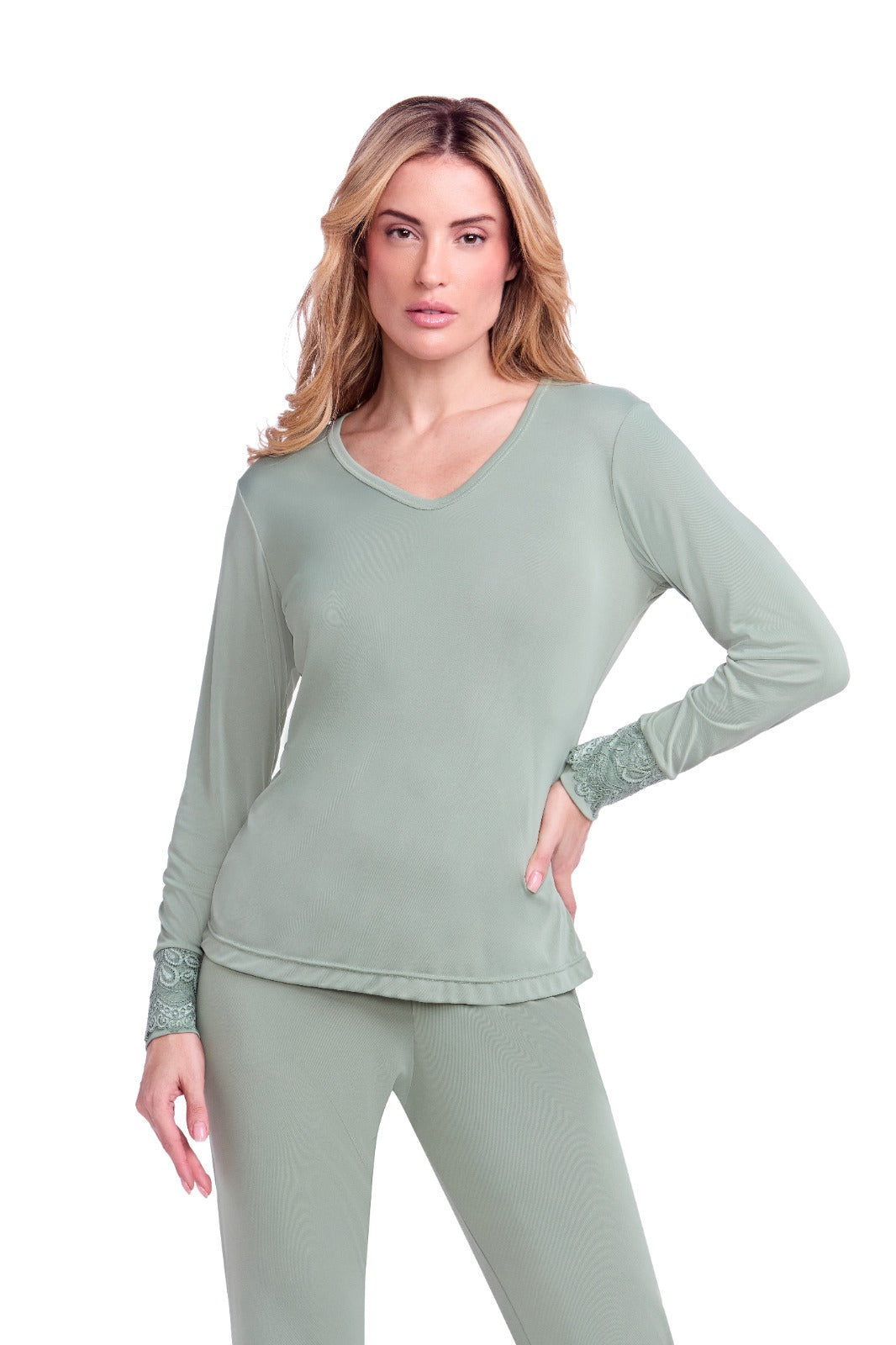 Pyjama à Manches Longues en Dentelle Dreams Menthe Fraîche